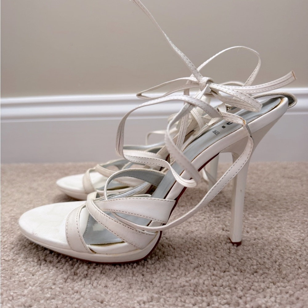 White Tie Up Strappy Heels Ankle Wrap Sandals Platform Stiletto Size 7 - Picture 3 of 10